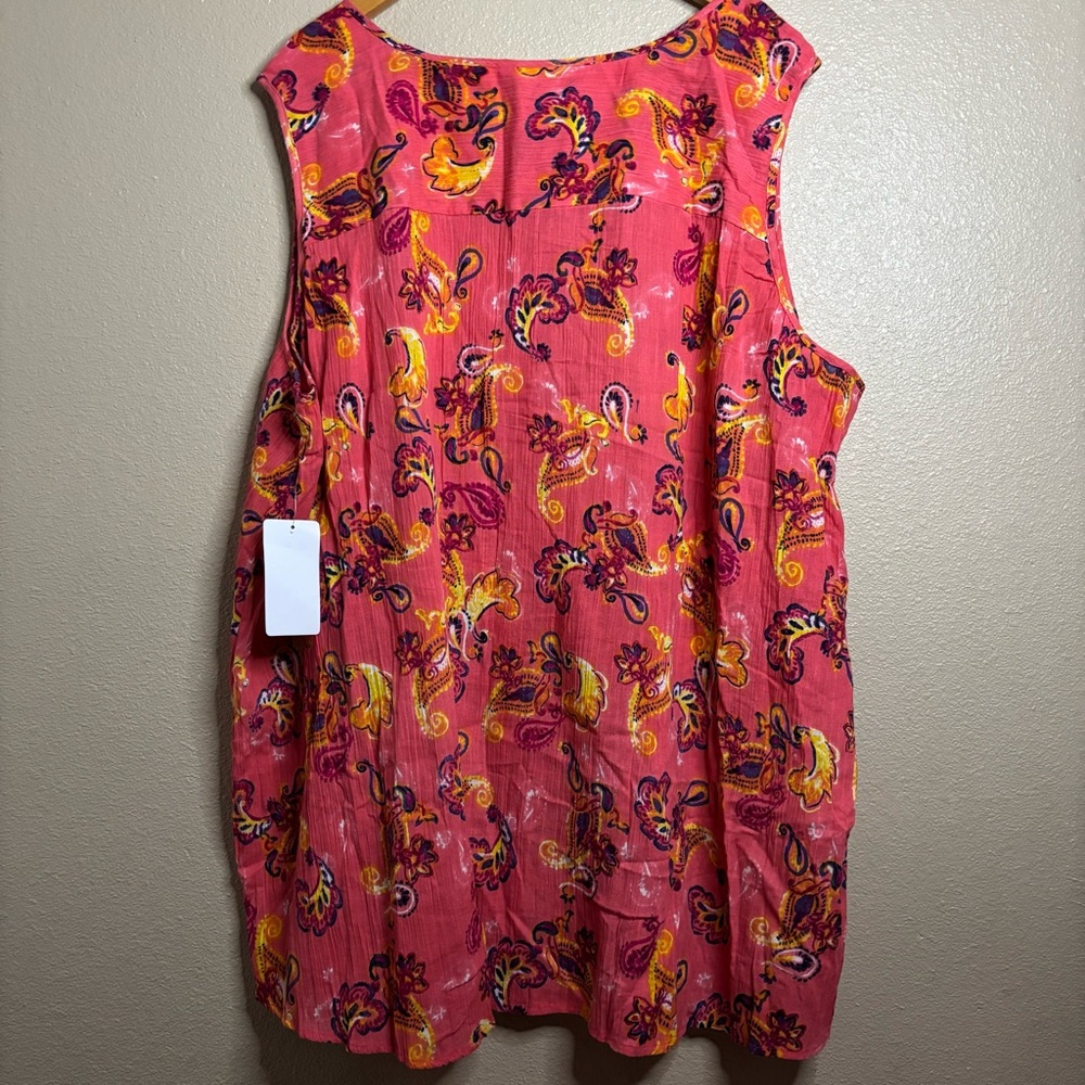 Woman Within Coral Pink Paisley Pleated Tank size 5X Cotton Lightweight - Picture 4 of 9